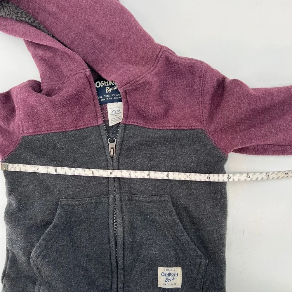 OshKosh B'gosh‎ Toddler 2T Sherpa Lined Hoodie Jacket Burgundy Gray Full Zip